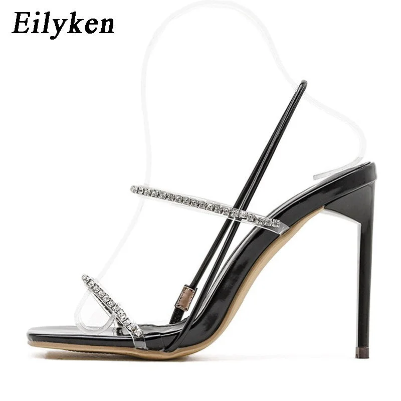 Eilyken 2022 New Crystal Rhinestone Sandals Women Summer Square Toe Stiletto High Heels Sexy Fetish Stripper Shoes Female