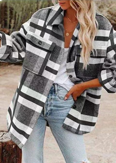 Plaid Pocketed Coats Casual Daily Street