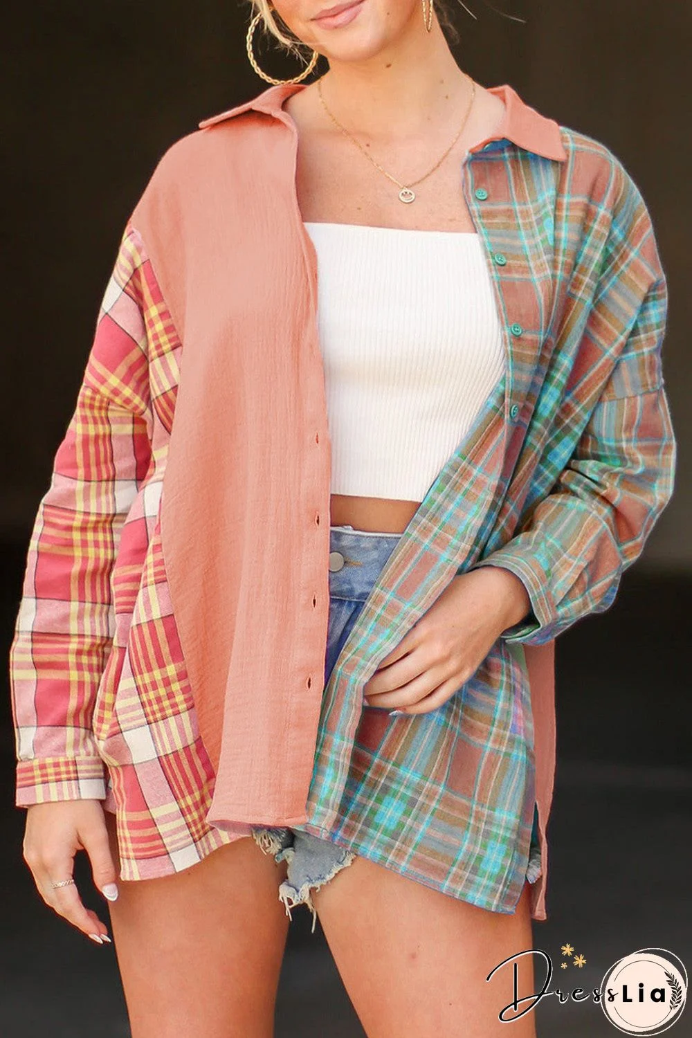 Late Goodbye Plaid Contrast Color Block Top