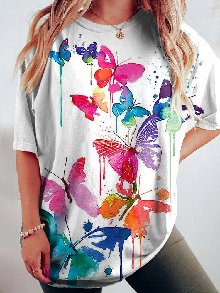 Women's Butterfly Art Print Crew Neck Causl Shirt