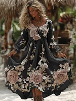 Women's Vintage Romantic White Rose Embroidery Art Comfy Linen Maxi Dress - Image 8