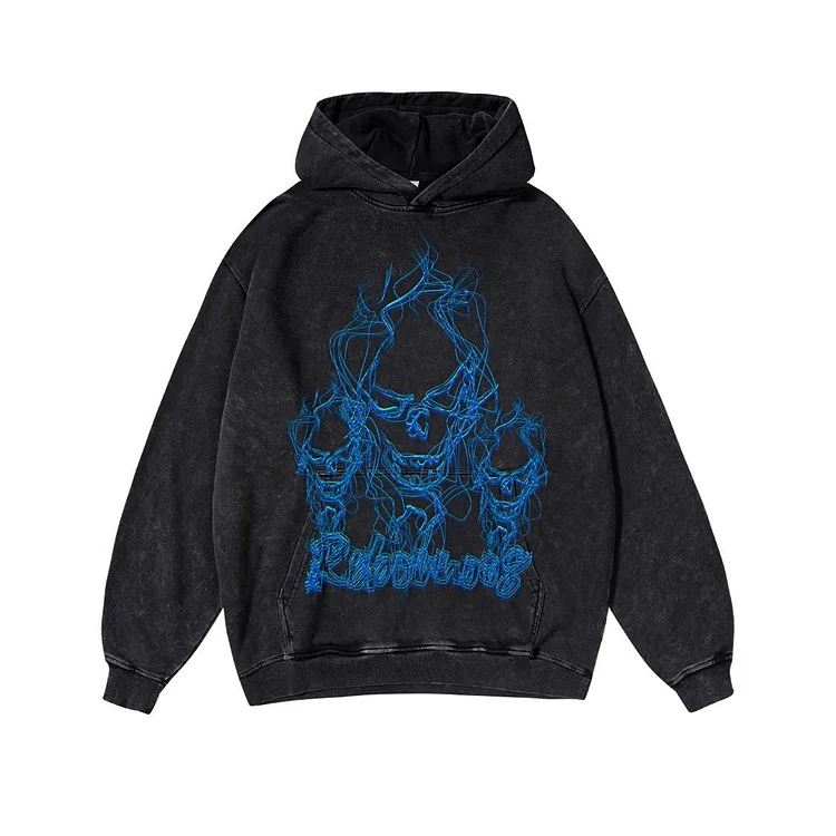 Sopula Flame Skull Casual Graphic Washed Hoodie