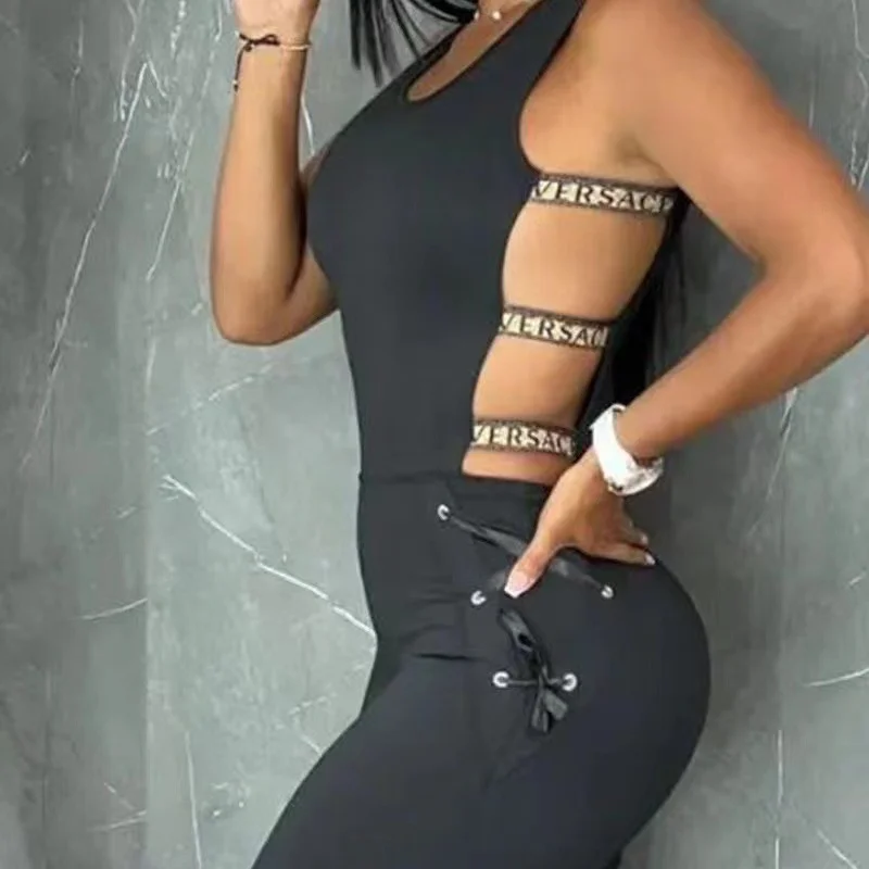 Wongn Wongn Summer New Women's Waist Slim Sexy Punk Slim Women's Hollow Out Jumpsuit