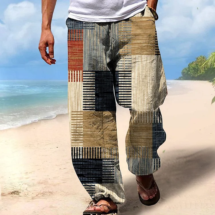 Casual Striped Patchwork Elastic Waist Slant Pocket Pants