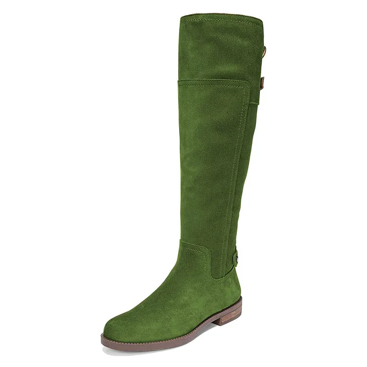 Green Vegan Suede Buckle Round Toe Flat Knee High Boots |FSJ Shoes