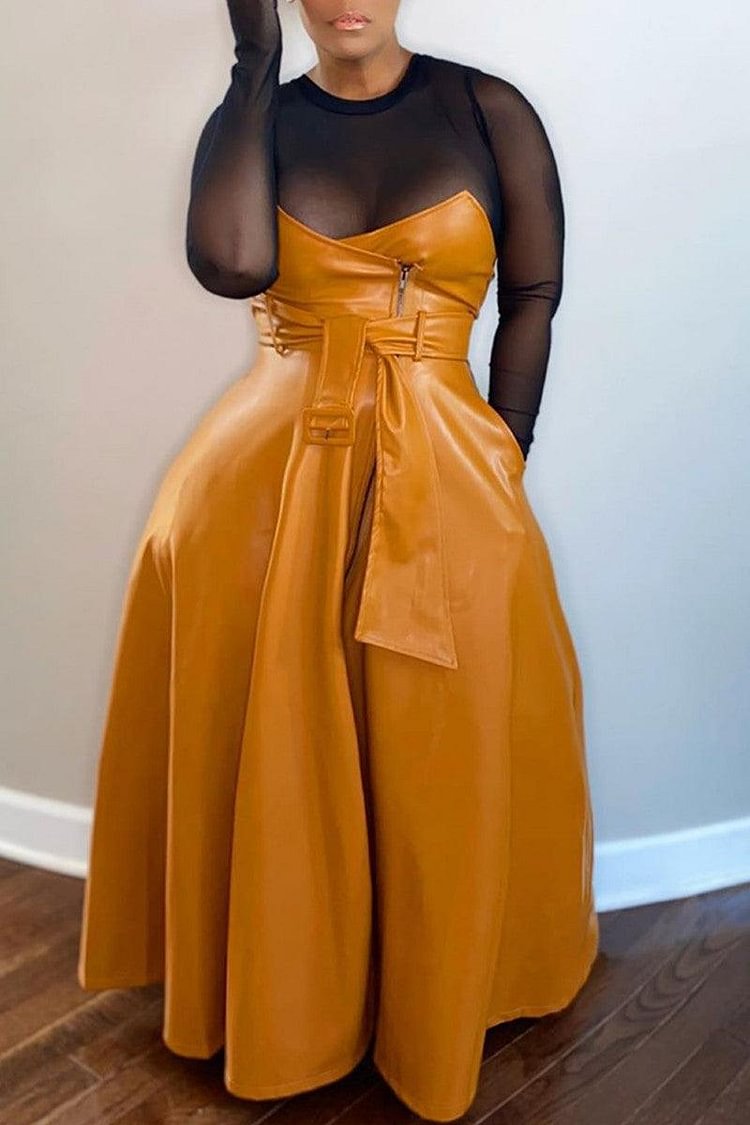 Xpluswear Plus Size Casual Orange PU Leather Maxi Skirts (With Belt)