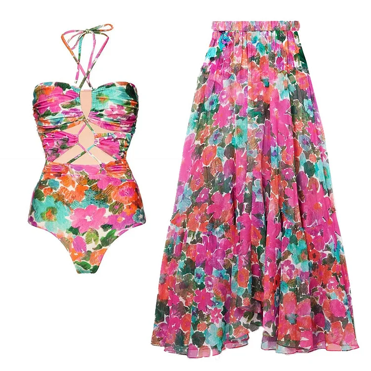 Halter Straps Cutout Rose Red Floral Doodle One Piece Swimsuit and Skirt