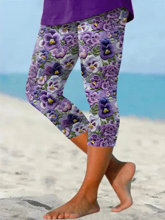 Women's Pansy Floral Pattern Print Leggings