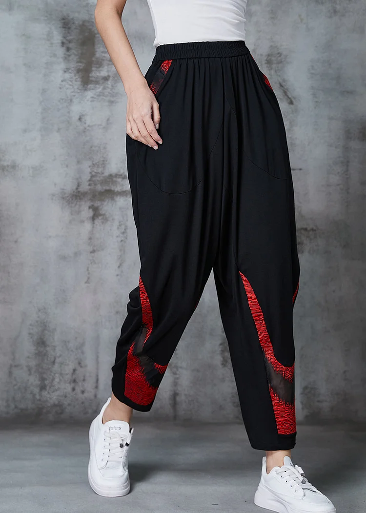 French Red Oversized Patchwork Cotton Harem Pants Spring