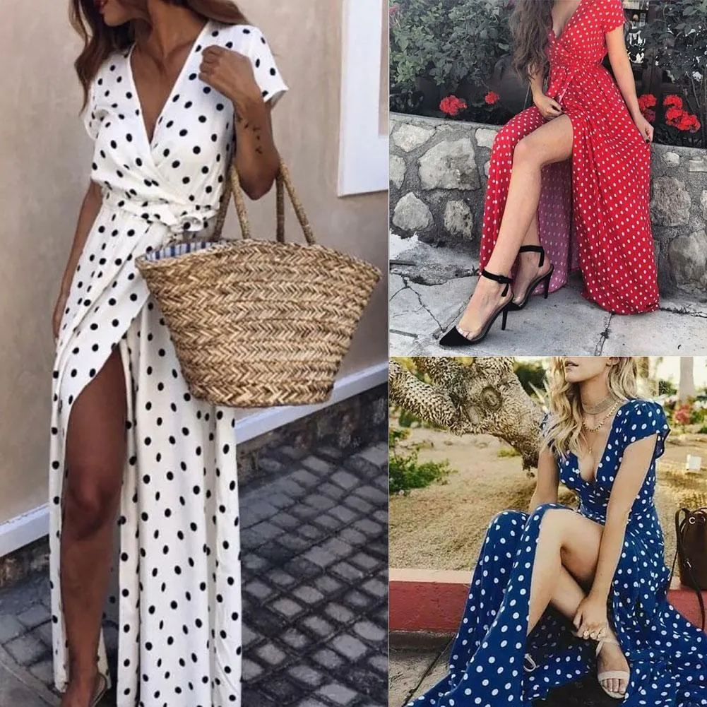Summer Women Beach Party Sexy Deep-V Polka Dot Slits Short Sleeve Maxi Dress High slit dress Polka dot pattern fashion  elegant