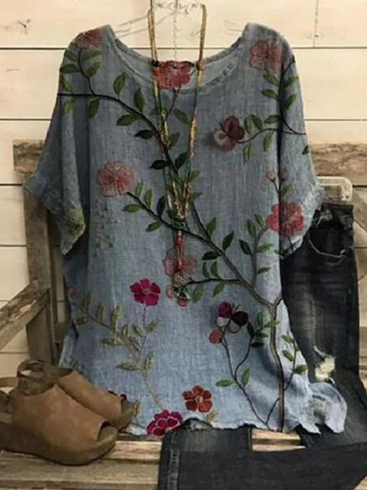 Ladies Floral Print Loose Cotton&Linen T-Shirt