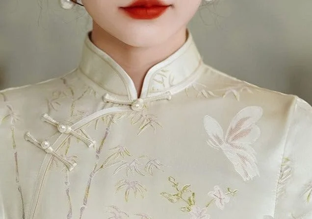 Bamboo leaf pattern, high-end, jacquard silk Cheongsam