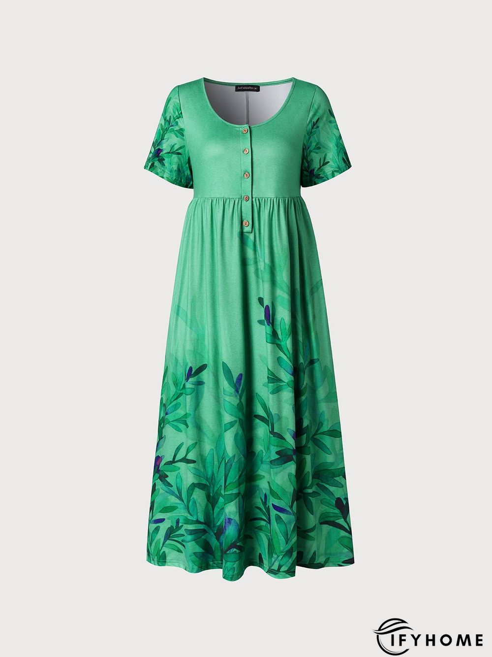 Gradient branches and leaves half open button pocket a hem long dress | IFYHOME