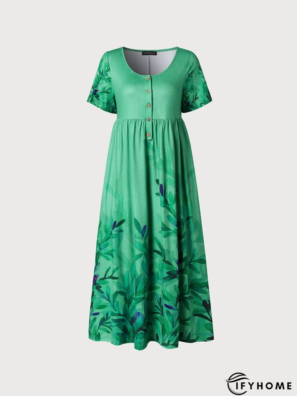 Gradient branches and leaves half open button pocket a hem long dress | IFYHOME