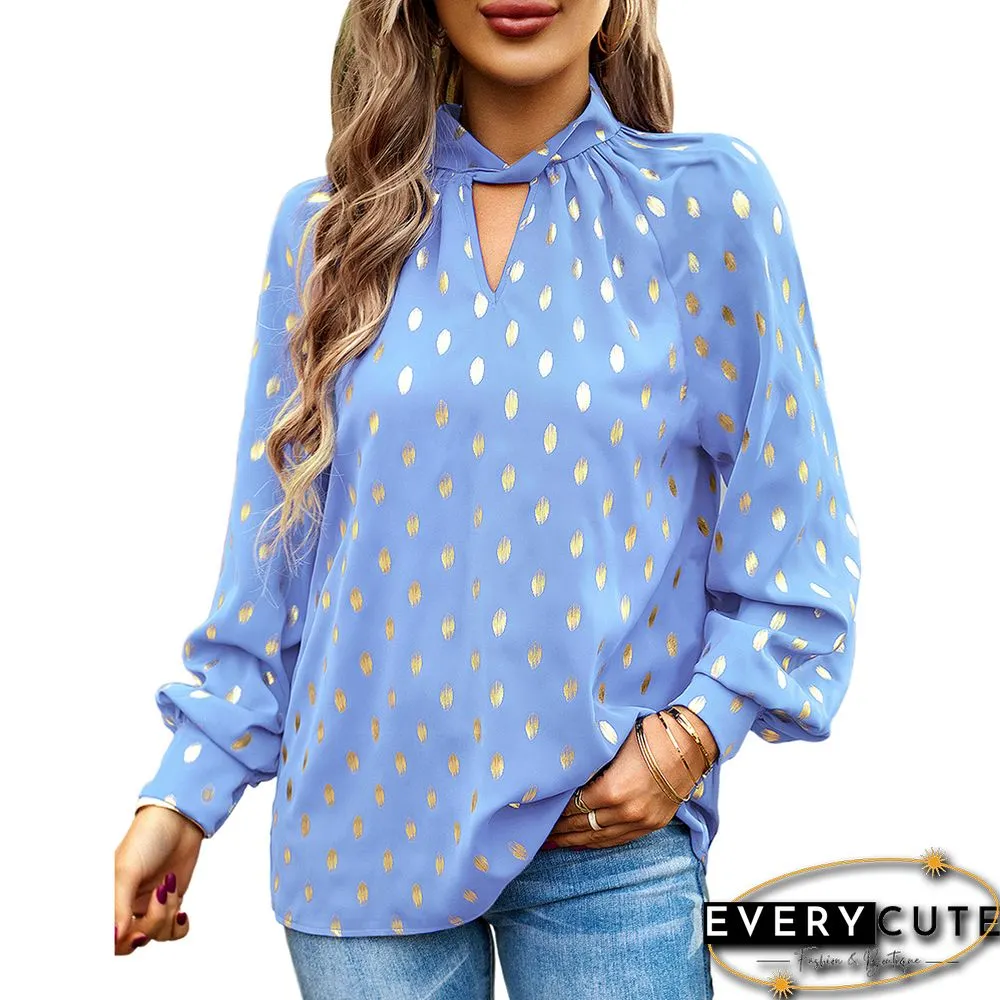 Light Blue Notched Neck Pleated Cuffs Long Sleeve Tops