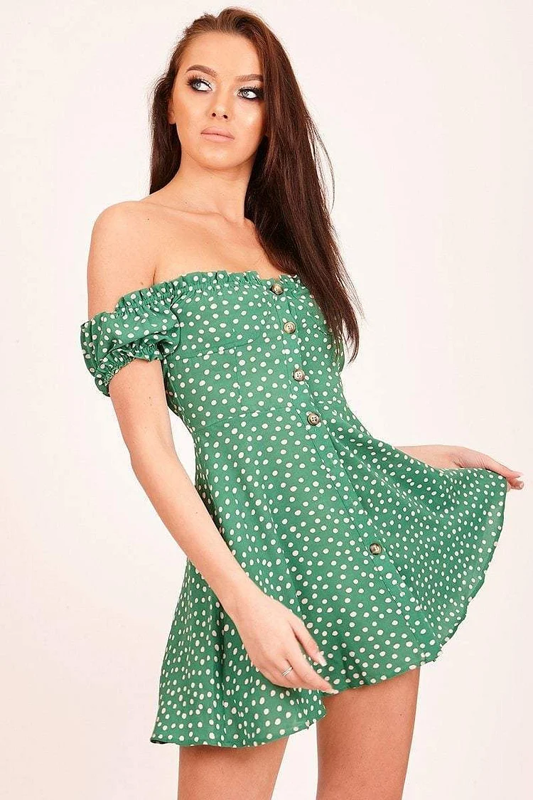 Green Polka Dot Bardot Dress Katch Me