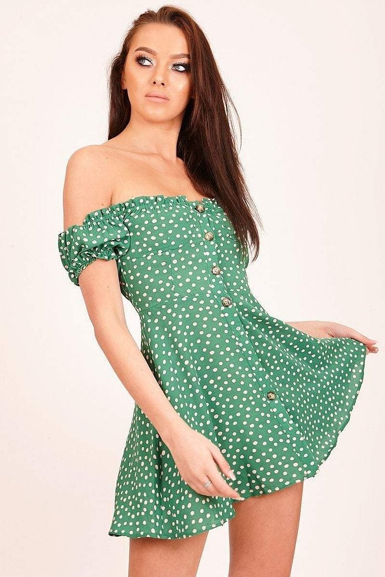 Green Polka Dot Bardot Dress Katch Me
