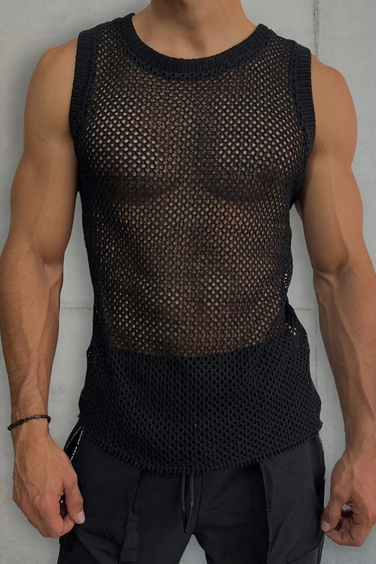 Fishnet Hollow Out Slim Fit Black Tank Top