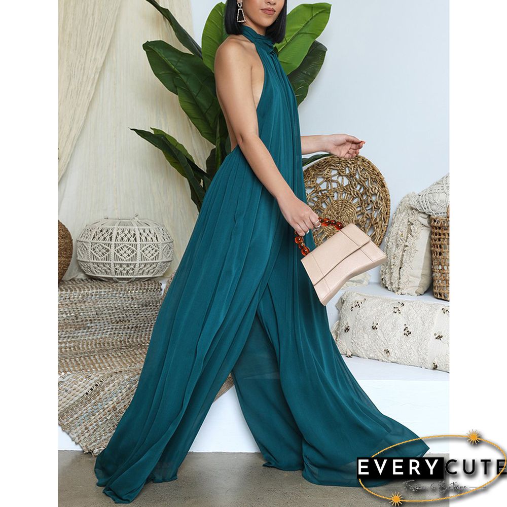 Peacock Blue Halter Neck Backless Chiffon Wide Leg Jumpsuit