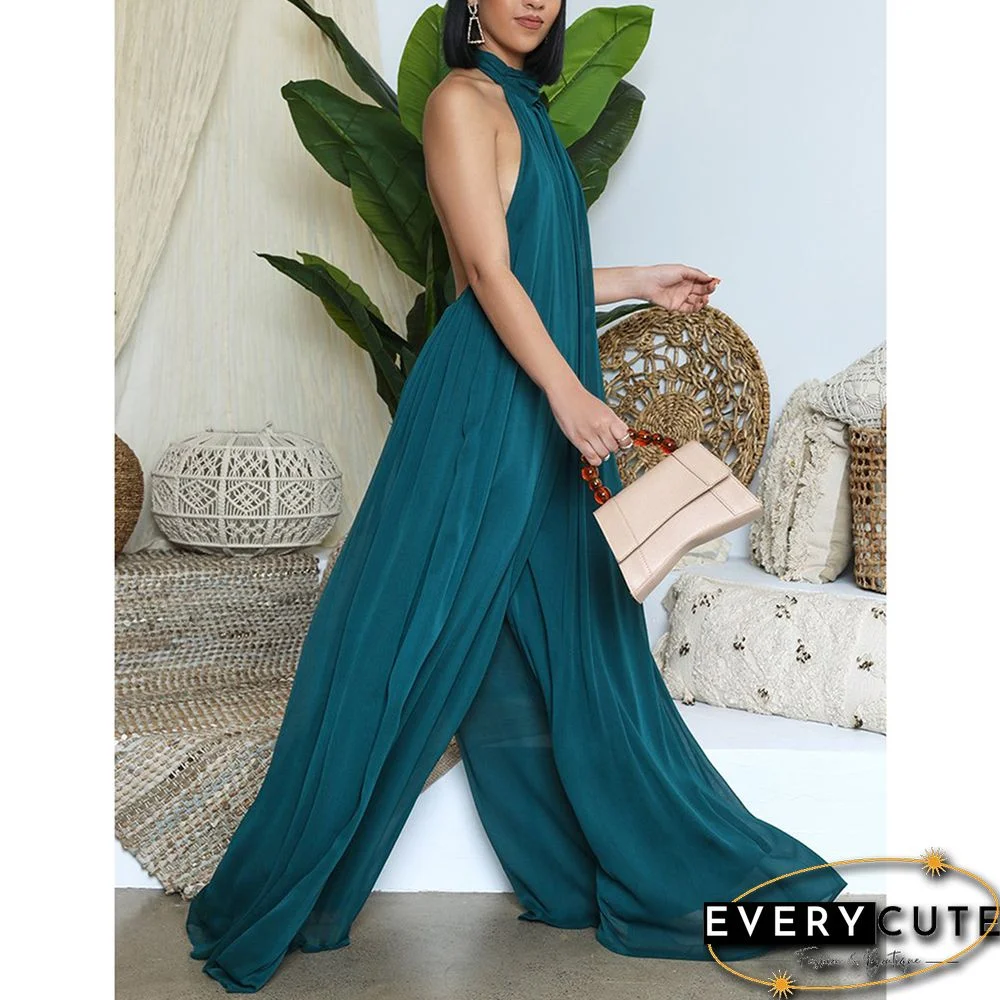 Peacock Blue Halter Neck Backless Chiffon Wide Leg Jumpsuit