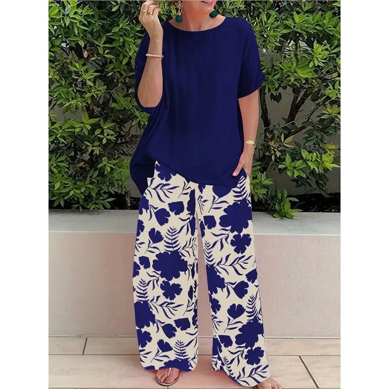 Athvotar Athvotar Plus Code Lady Two-Set Set Of Stylish Short-Sleeved Round Collar Top Wide Leg Trousers Print Casual Dress