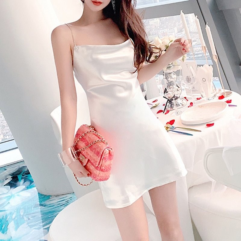 Ordifree 2022 Summer Women Satin Party Dress Spaghetti Strap Sexy Backless Diamond White Short Silk Mini Party Dress