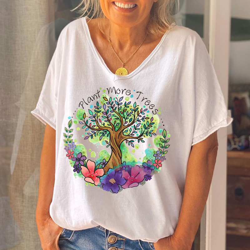 Oversize Classic V-neck Plant More Trees Floral Printed Graphic Tees