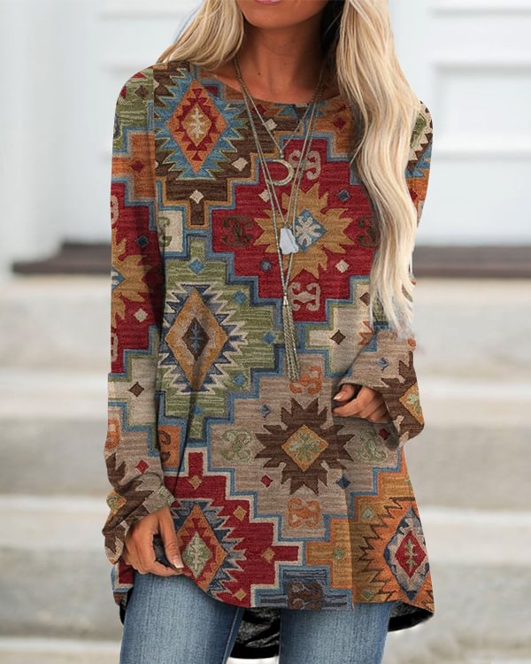 Vintage Geometric Print Crewneck Top