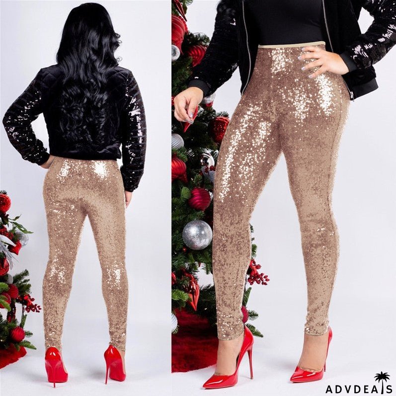 Rose Gold Sequin Slim Shiny Skinny Pencil Pants