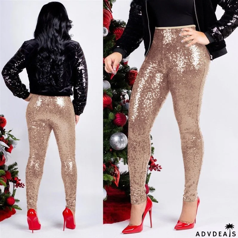 Rose Gold Sequin Slim Shiny Skinny Pencil Pants