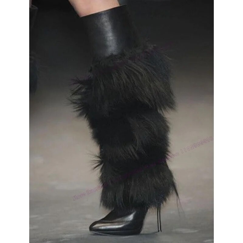VCSHOES Black Fluffy Matte Leather Knee High Boots Pointed Toe Shoes For Women Thin High Heels Shoes Zapatos Para Mujere