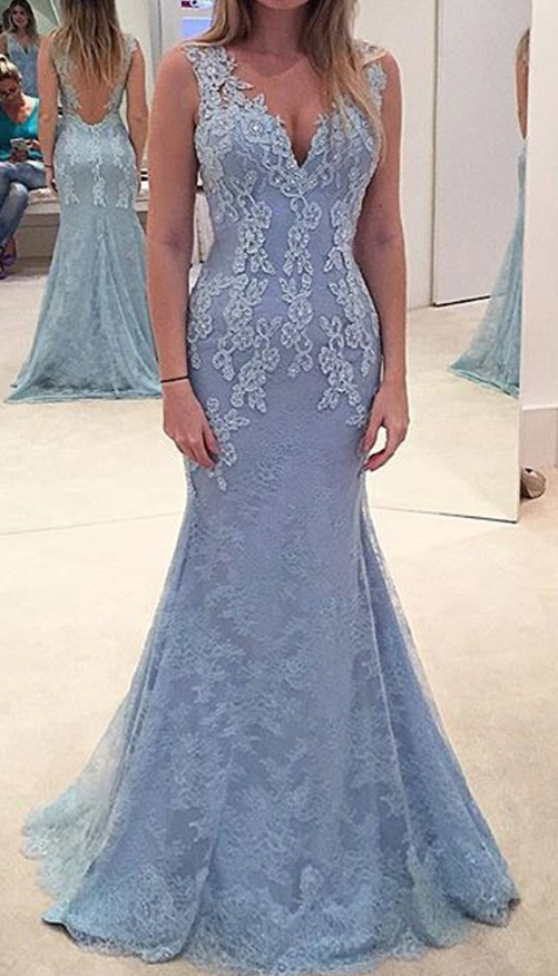 Elegant Mermaid V Neck Backless Prom Evening Gowns with Lace Applique