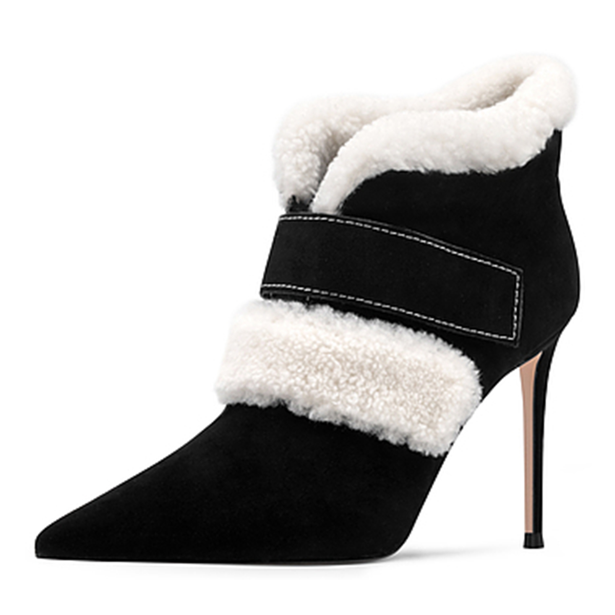 Black & White Pointed Toe Stiletto Heel Faux Fur Ankle Boots for Women Nicepairs