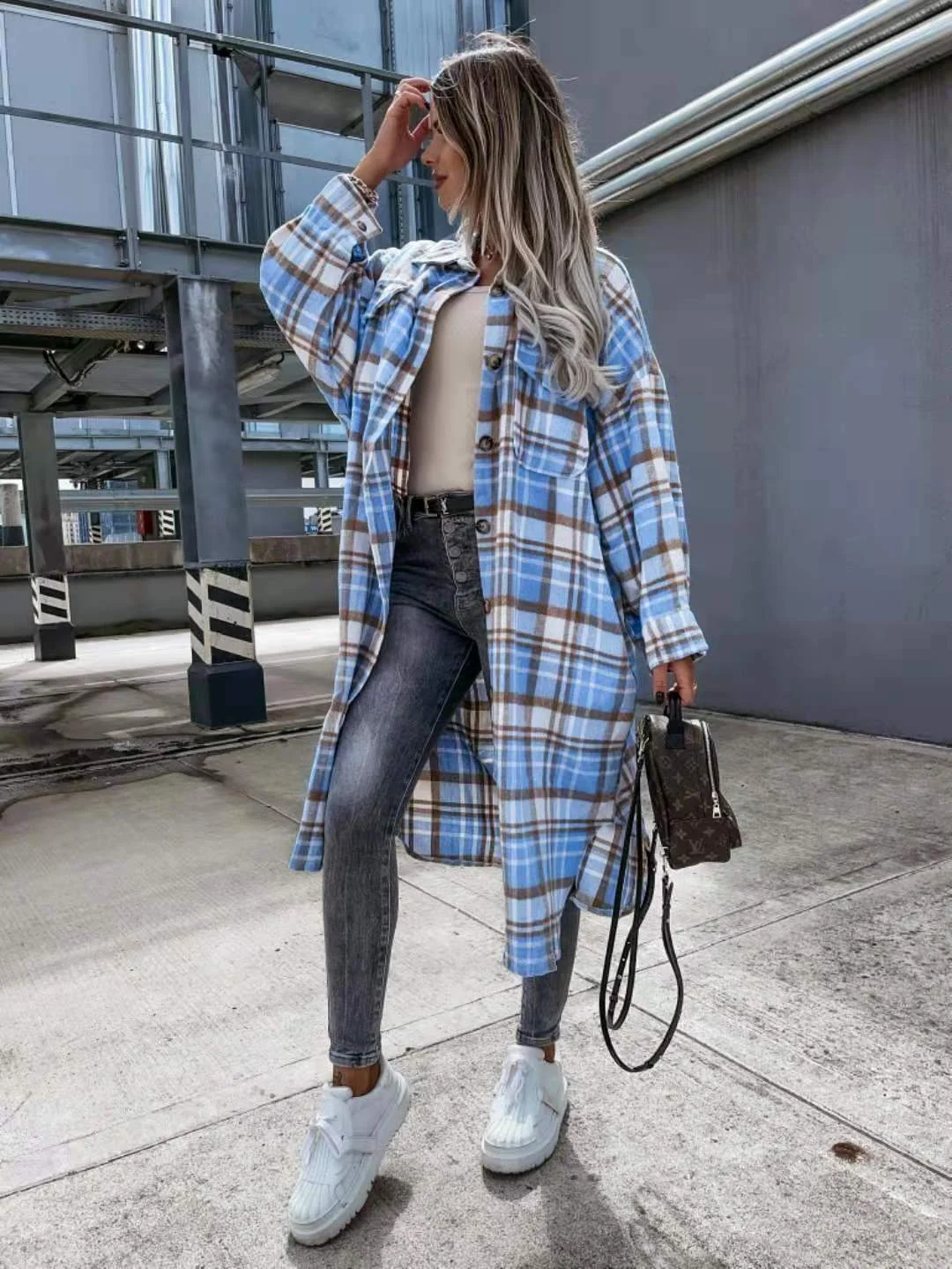Long Plaid Single-breasted Lapel Shirt Jacket Women 2023 New coats