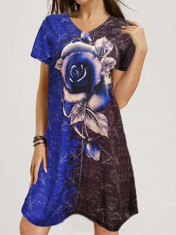 Women's V-neck Short Sleeve Floral Printed Midi Dress