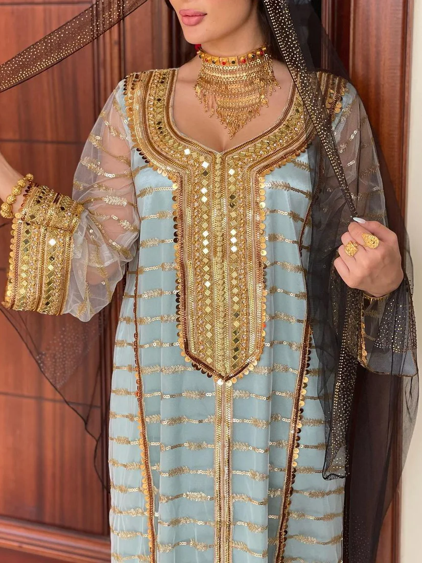 Ethnic Style Elegant Kaftan and Embroidered Blouse Set