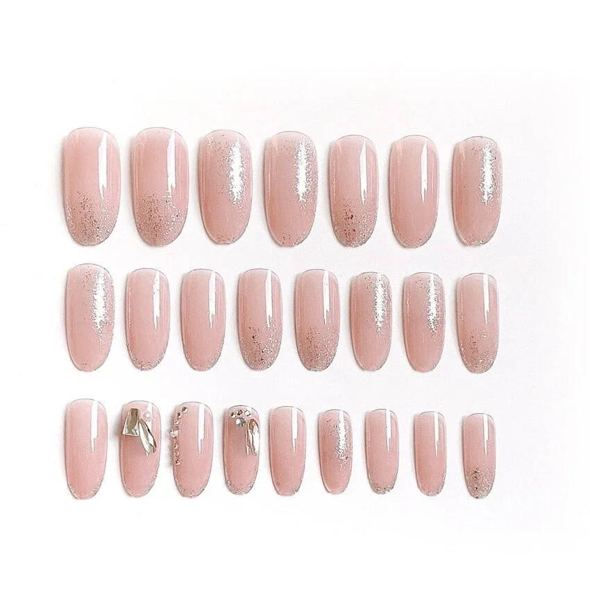 Pink Nude Silver French Round Presson False Nails Oval Glossy Full Cover Nail Long Glitter Fake Nails Acrylic for Wedding Party-Nail Inspo