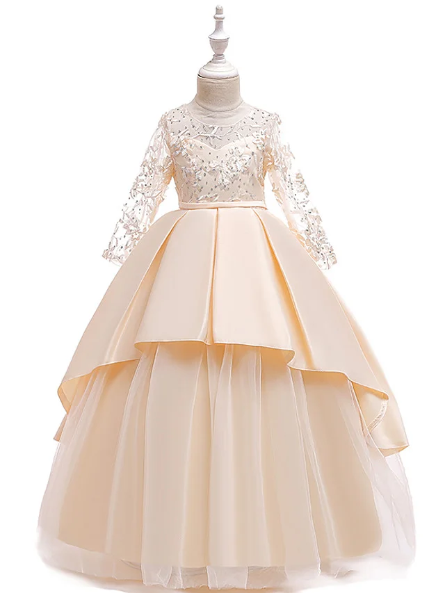 Hellodresses Long Sleeve Jewel Neck Floor Length Flower Girl Dress Lace  Satin  Tulle  With Lace Belt Crystals