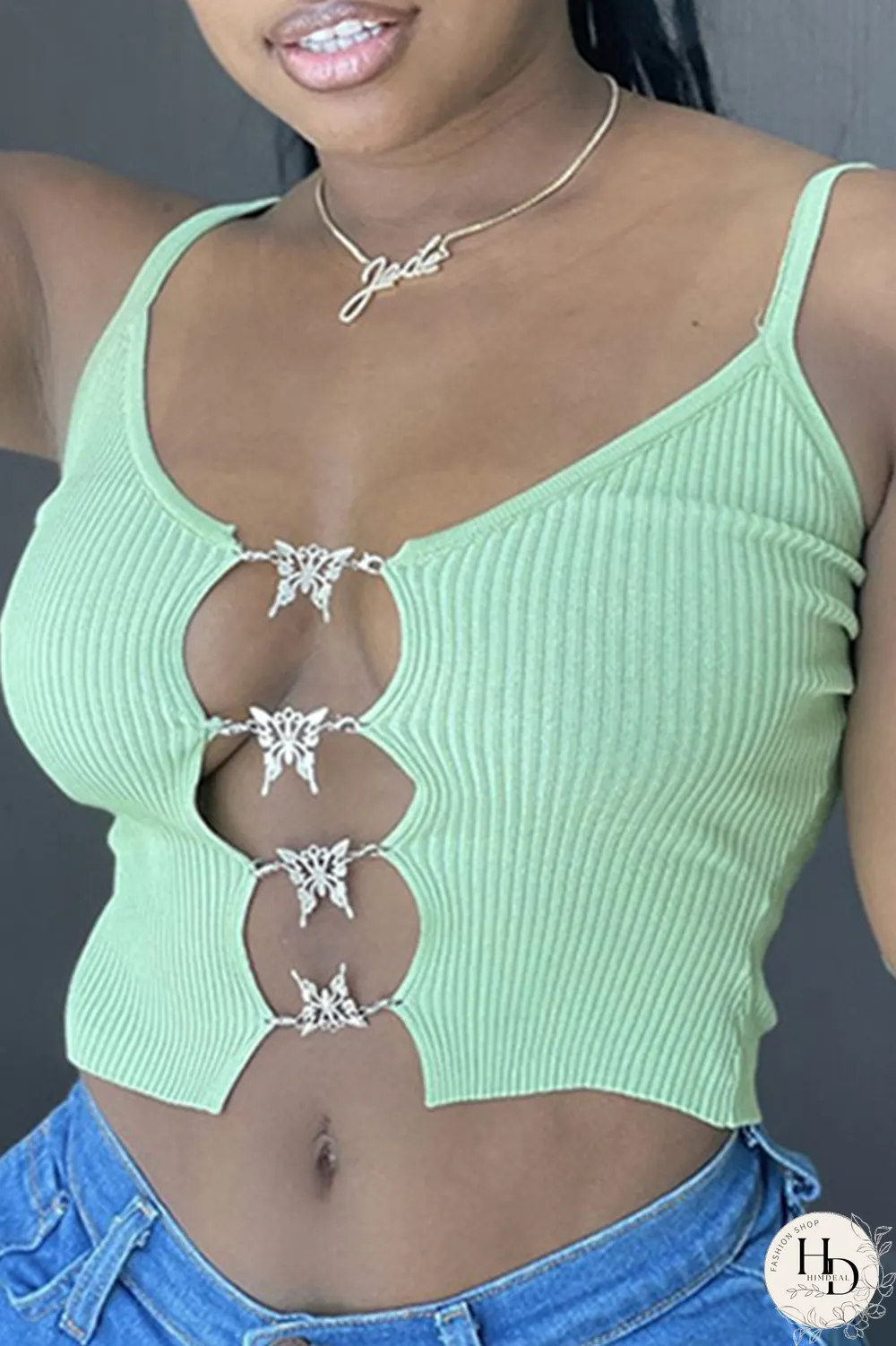 Light Blue Sexy Print Hollowed Out Spaghetti Strap Tops