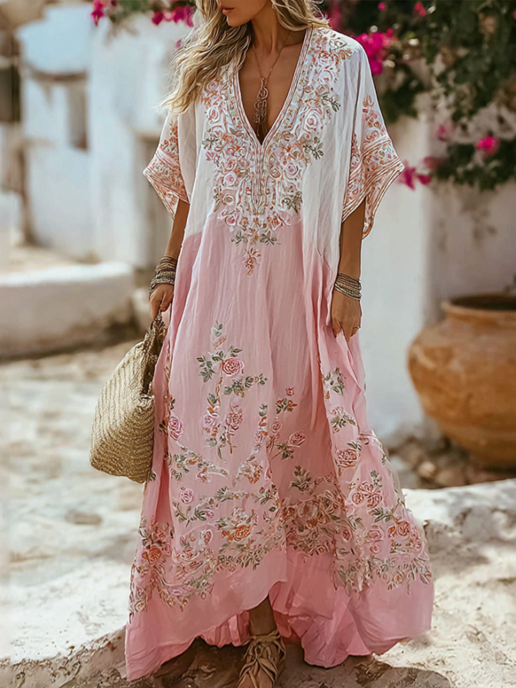 Women's Rose Embroidery Art Pink White Spliced V-neck Linen Blend Resort Dress elevenforest