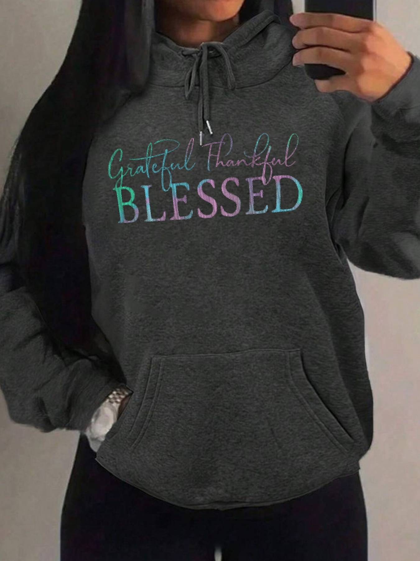 Grateful, Thankfulprinted Women's Plain Long Sleeve Drawstring Hooded Loose Casual Sweatshirt, Autumnwinterspringsummer, Long Sleeve Tops, Solid Color Hoodie, Loose Hoodie, Suitable For Spring, Summer, And Autumn | IFYHOME