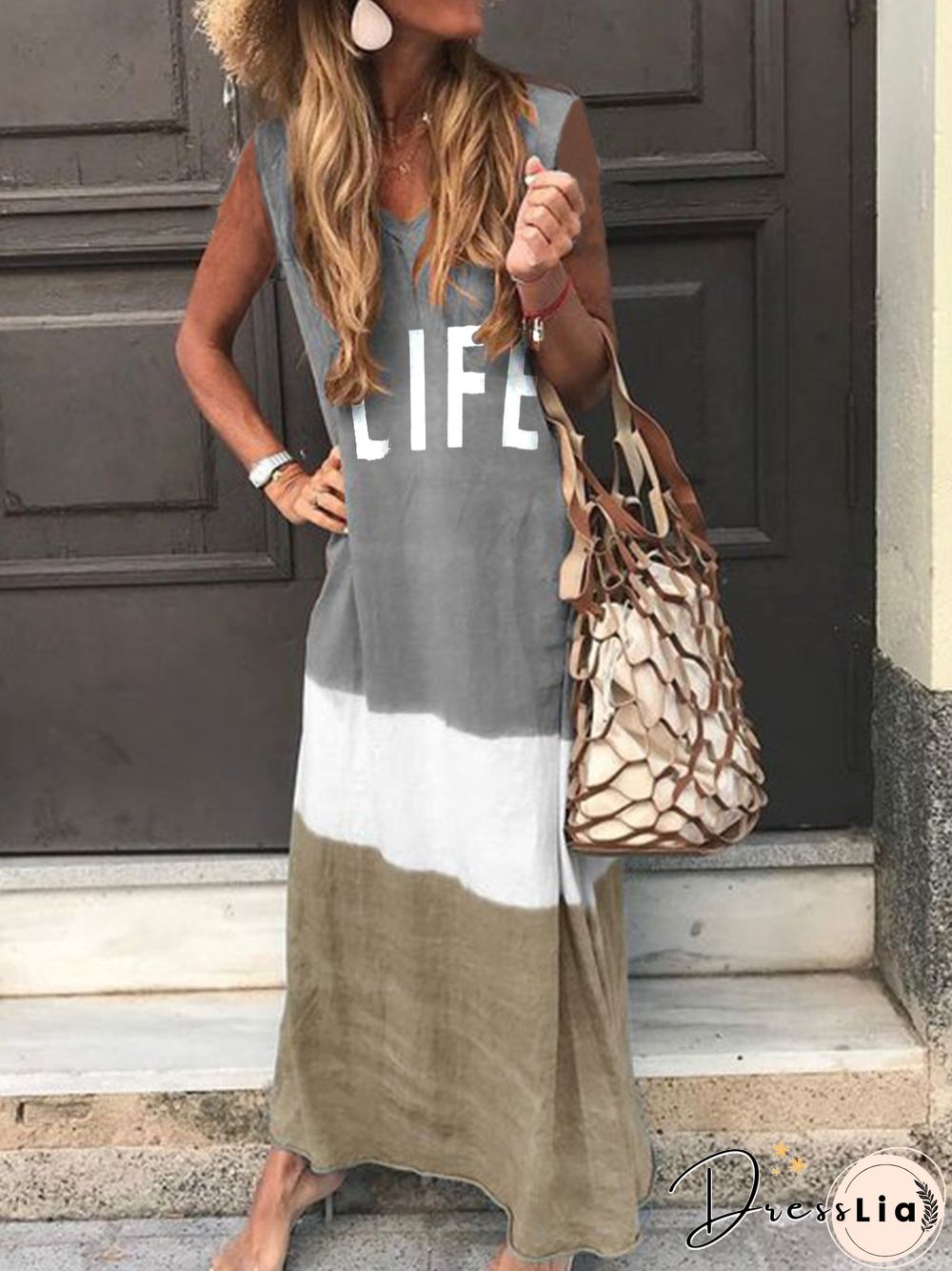 Maxi Knitting Dress Striped Sleeveless Cotton-Blend Knitting Dress For Women