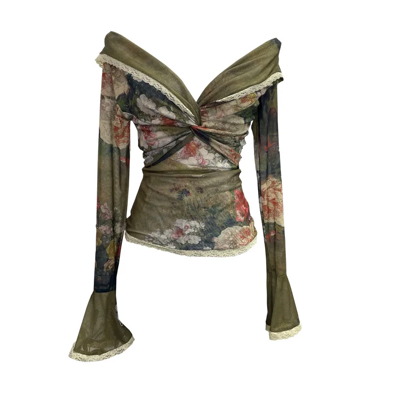 Churchf Vintage Oil Painting Print Collar A Word Twisted Folded Short-Sleeved Trumpet Blouse 9907