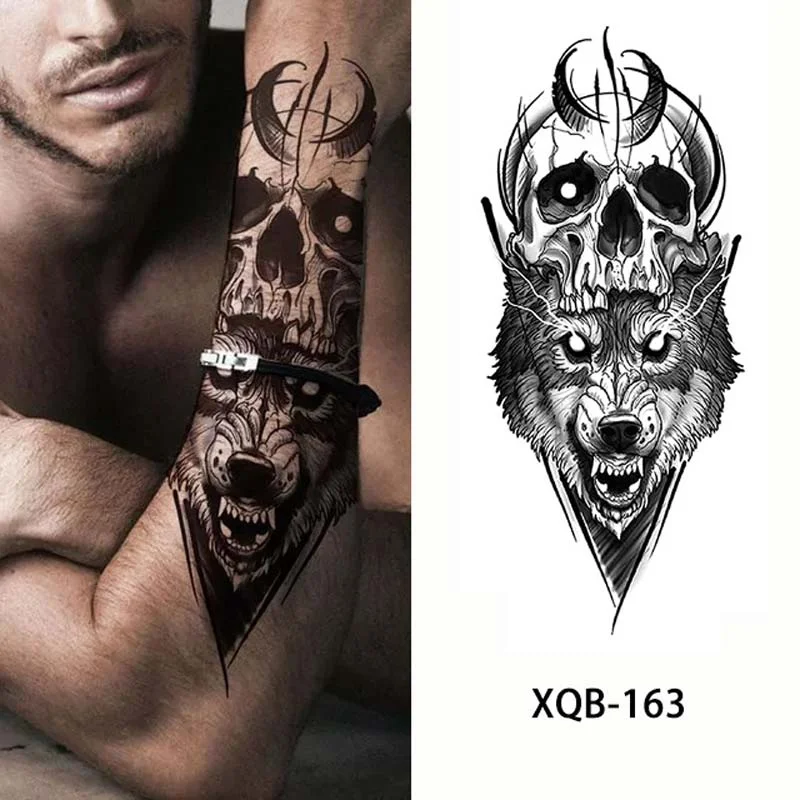 Sdrawing Forest Tattoo Sticker for Men Women Tiger Wolf Death Skull Temporary Tattoo Fake Henna Skeleton King Animal Tatoo Pattern