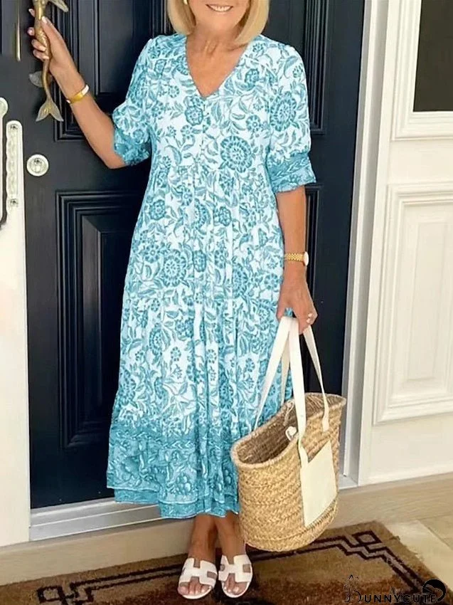 Casual Dress Summer Dress Boho Dress Floral Ruffle Print V Neck Midi Dress Active Fashion Outdoor Daily Half Sleeve Loose Fit Pink Blue Sky Blue Summer Spring S M L XL XXL for Women