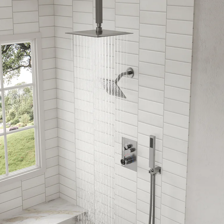 Ceiling-Mounted Thermostatic Shower System in Brushed Nickel
