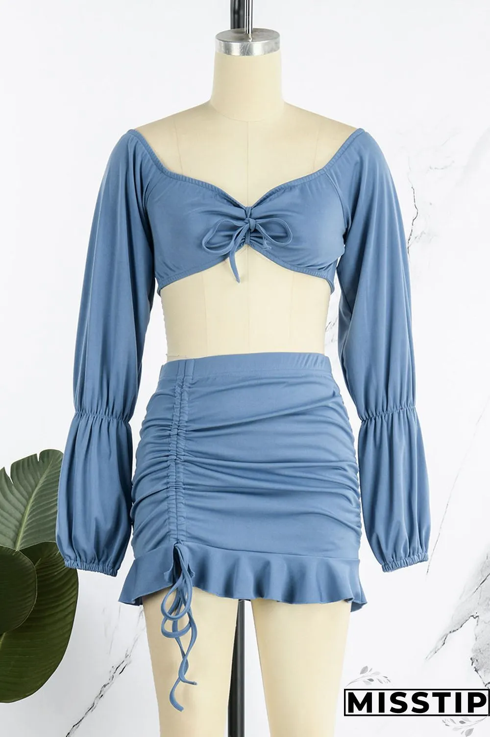 Blue Sexy Solid Drawstring Frenulum Stringy Selvedge Neck Long Sleeve Two Pieces