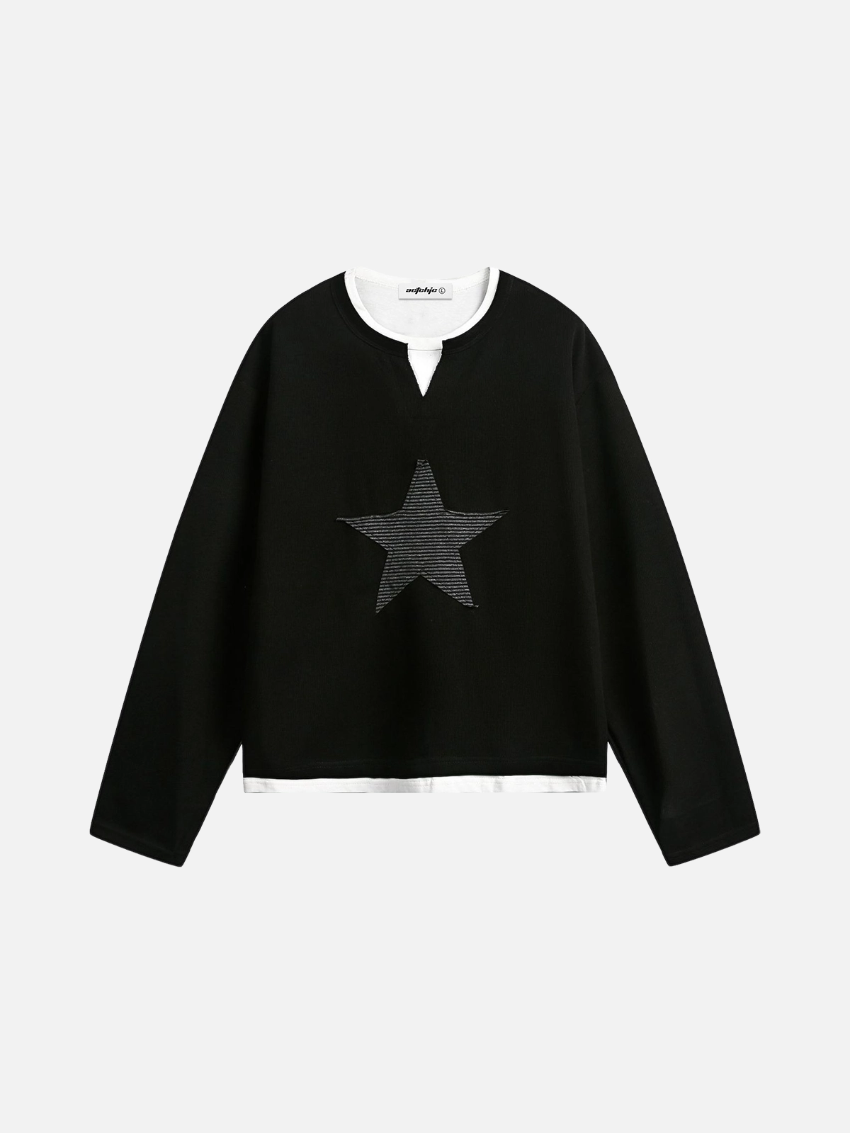 Black Star Appliqué Henley Neck Two Layer Long Sleeve Tee Front