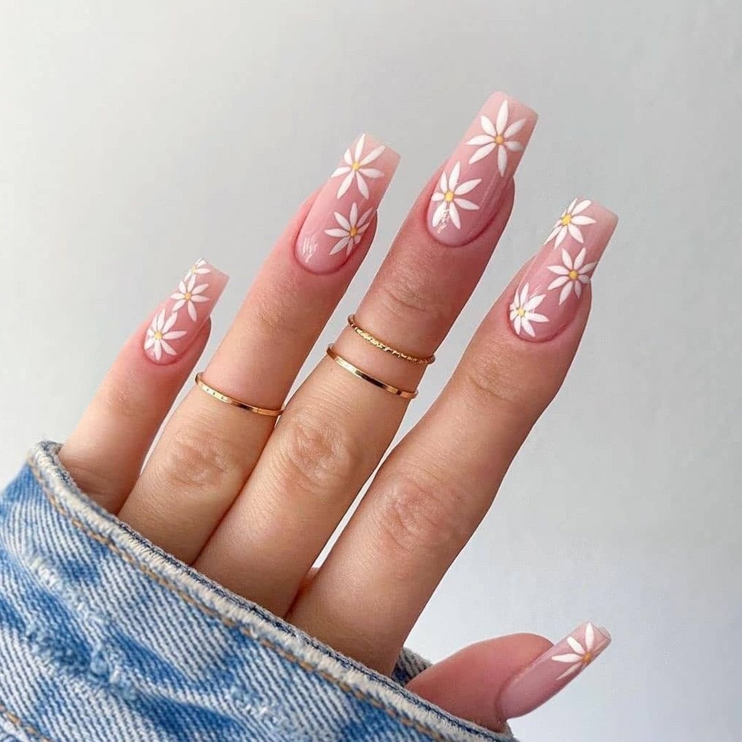 24Pcs/Set Pastoral Serie White Sun Flower Design False Nail French Full Cover Fake Nails Glue DIY Manicure Nail Art Tools