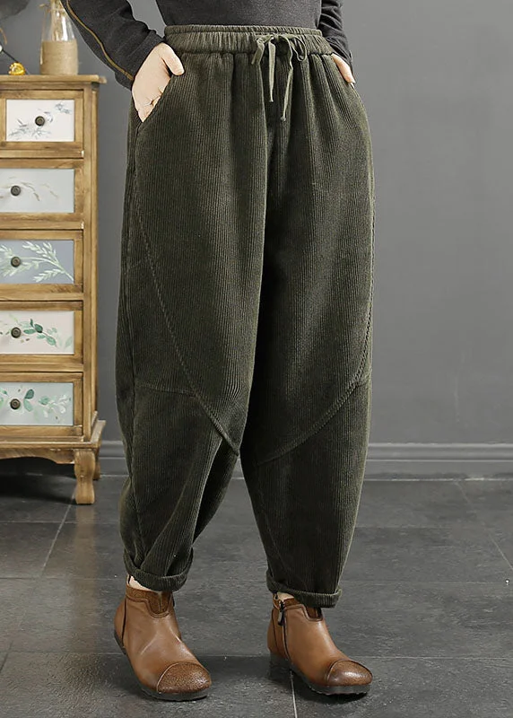 Vintage Green Pockets Patchwork Warm Fleece Corduroy Crop Pants Winter